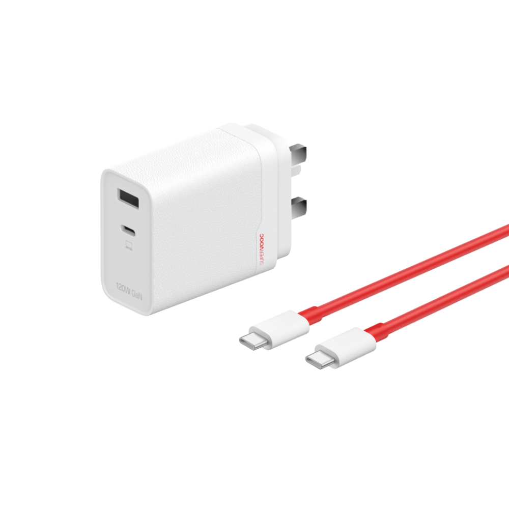 White OnePlus SUPERVOOC 120W Power Adapter with two USB ports and a red cable on a white background