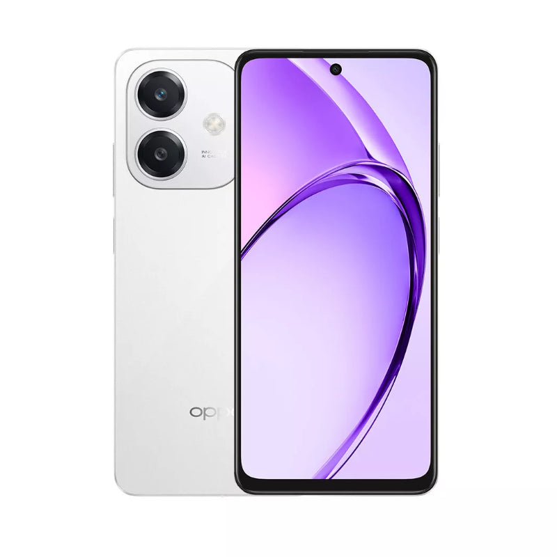 Smartphone with a purple screen and white back on a white background
