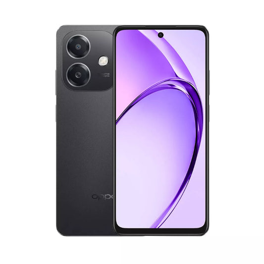 Smartphone with black back and purple front display on a white background