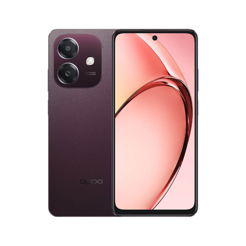 Smartphone with purple back and pink front display on a white background