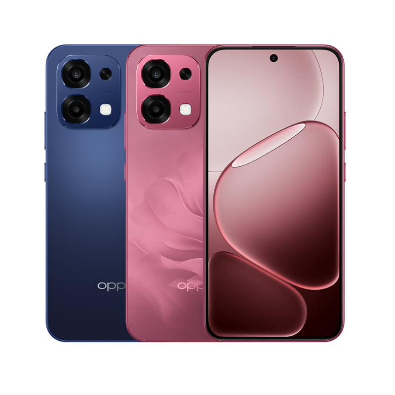 Three Oppo smartphones in blue, pink, and red on a white background