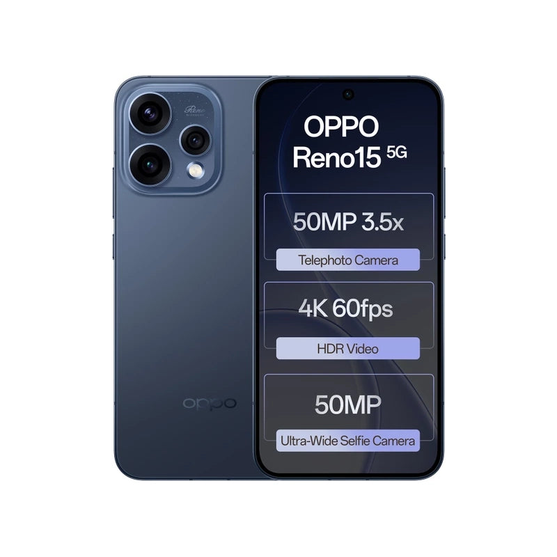 Oppo Reno15 5G smartphone showing front and back on a white background