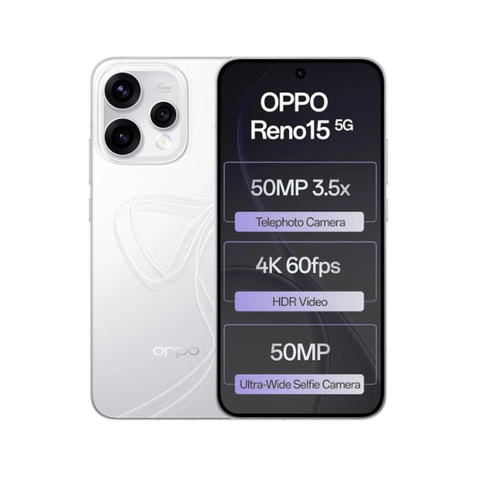 Oppo Reno15 5G smartphone showing front and back with camera specifications.