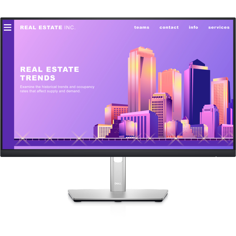 Monitor displaying a real estate trends webpage with a city skyline on a purple background