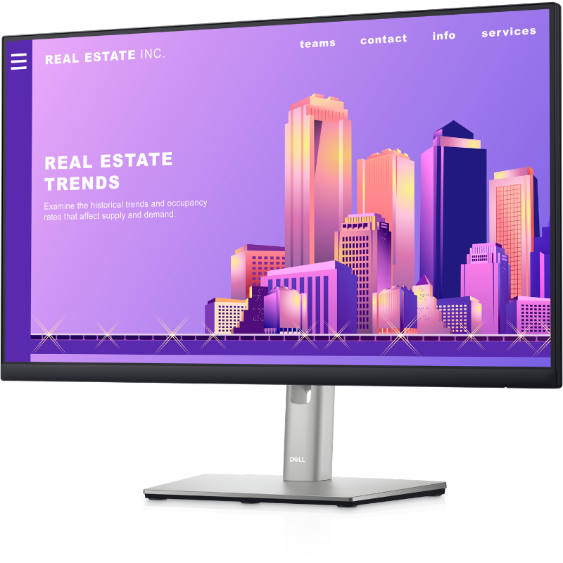 Monitor displaying a cityscape with 'Real Estate Inc.' on the screen
