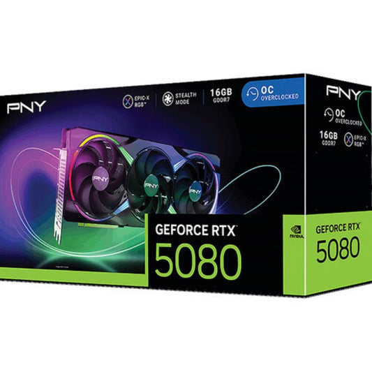 PNY GeForce RTX 5080 graphics card packaging on a white background