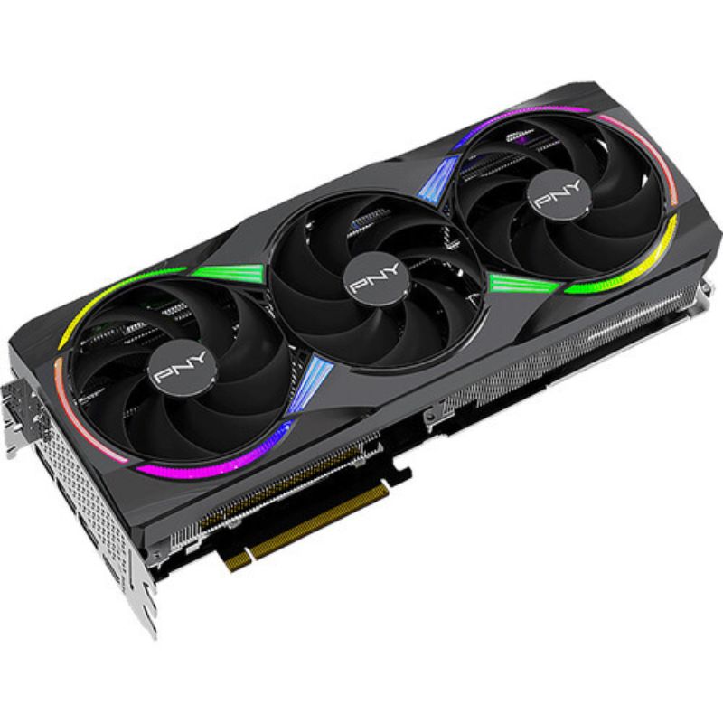 GPU with four fans and PNY branding on a white background