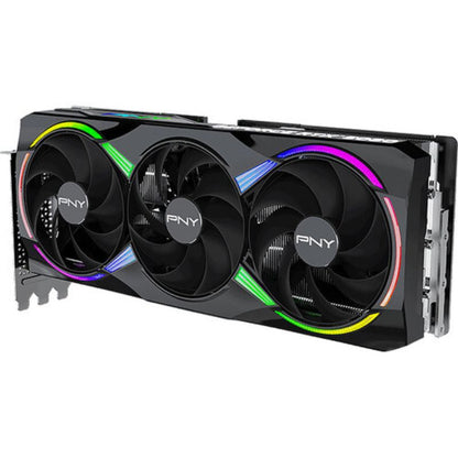 GPU with RGB lighting and PNY branding on a white background