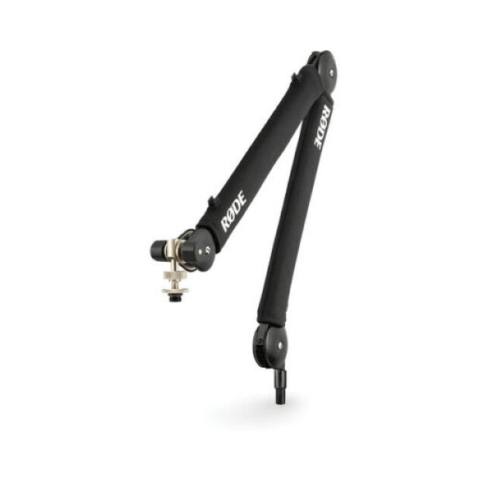 Black microphone stand with 'Rode' branding on a white background