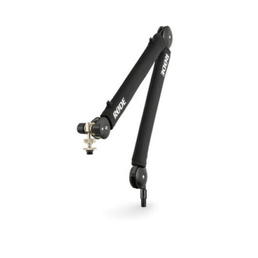 Black microphone stand with 'Rode' branding on a white background