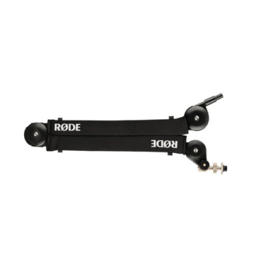 Black Rode microphone stand on a white background