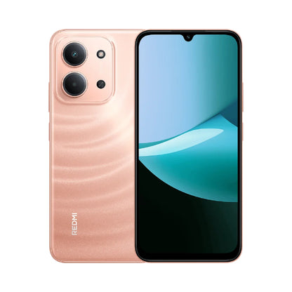 Smartphone with rose gold back and screen displaying blue gradient on a light gray background