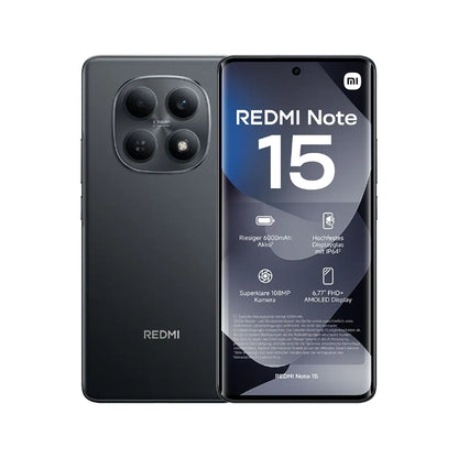 Redmi Note 15 smartphone showing front and back on a white background