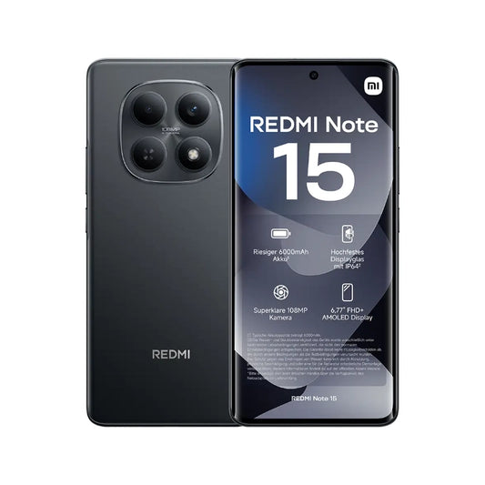 Redmi Note 15 smartphone showing front and back on a white background