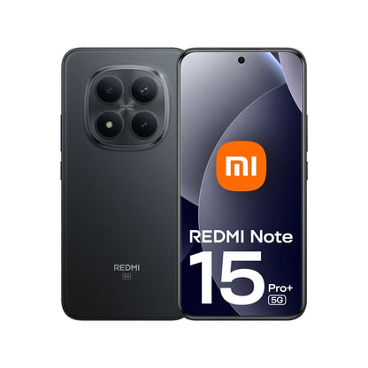Black Redmi Note 15 Pro+ smartphone showing front and back on a white background