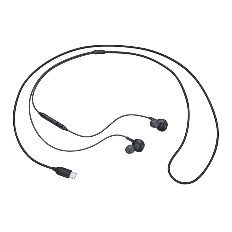 Black neckband earphones with USB cable on a white background