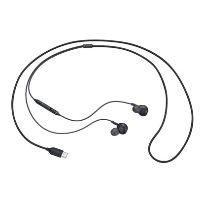 Black neckband earphones with USB cable on a white background