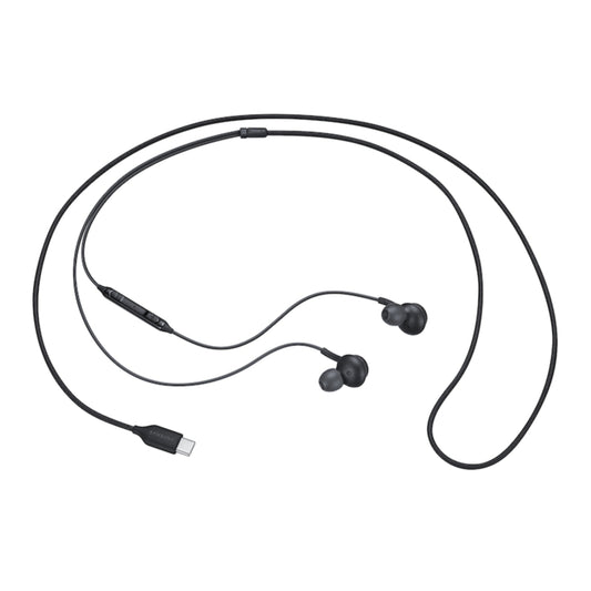 Black neckband earphones with USB cable on a white background