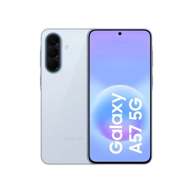 Samsung Galaxy A57 5G smartphone showing front and back on a white background