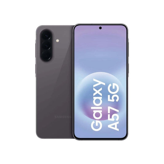 Samsung Galaxy A57 5G smartphone showing front and back on a white background