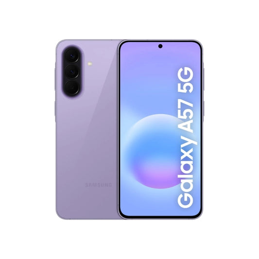 Samsung Galaxy A57 5G phone showing front and back on a white background