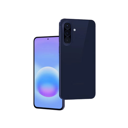 Two smartphones, one with a blue screen and the other with a black back, on a white background.