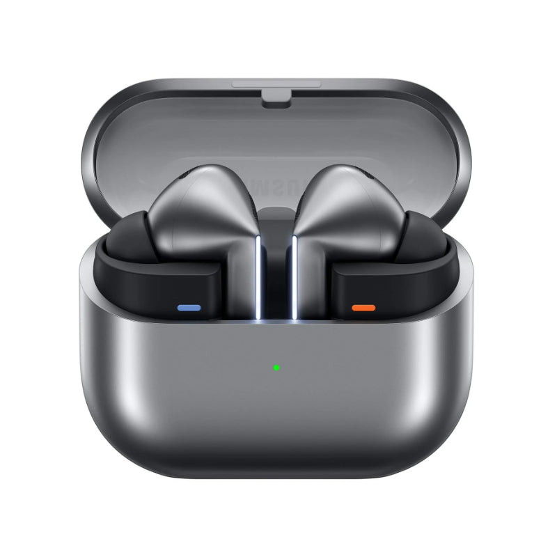 Wireless earbuds in a charging case on a white background
