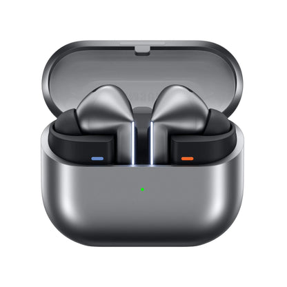 Wireless earbuds in a charging case on a white background