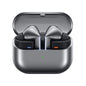 Wireless earbuds in a charging case on a white background