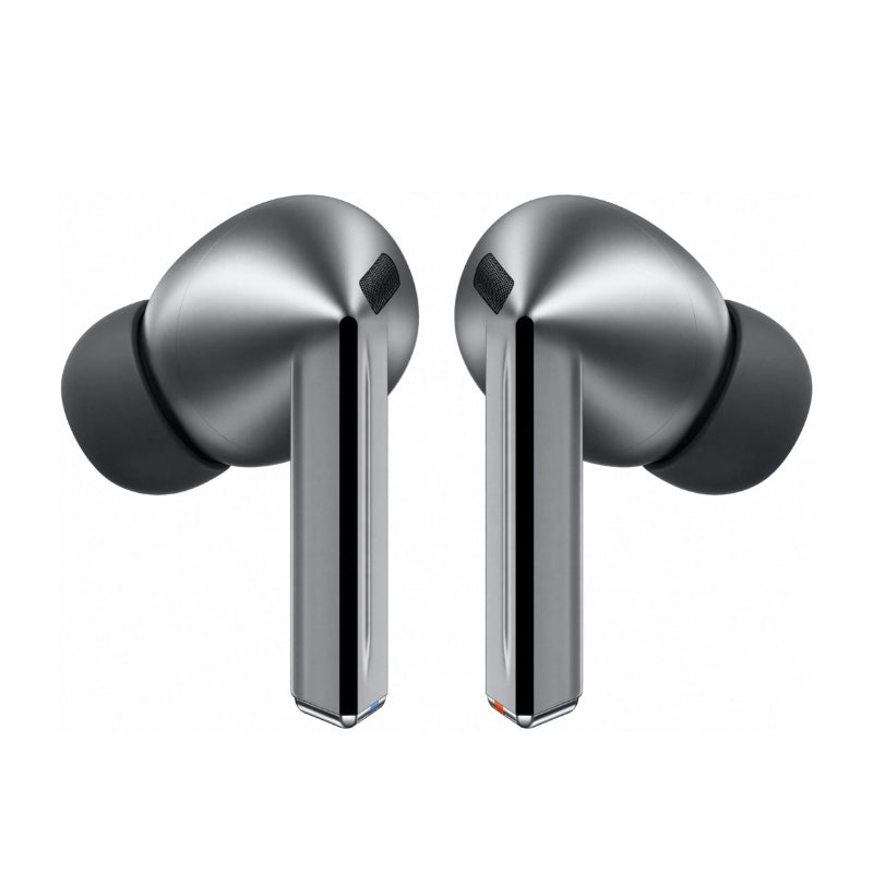 Silver wireless earbuds on a white background