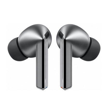 Silver wireless earbuds on a white background