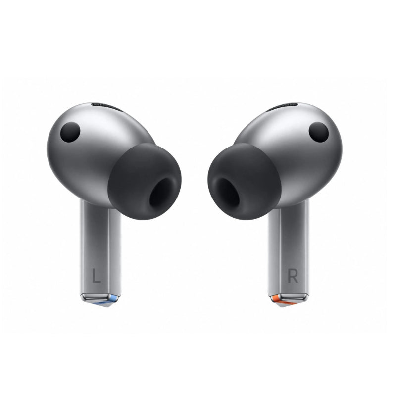 Pair of silver wireless earbuds on a white background