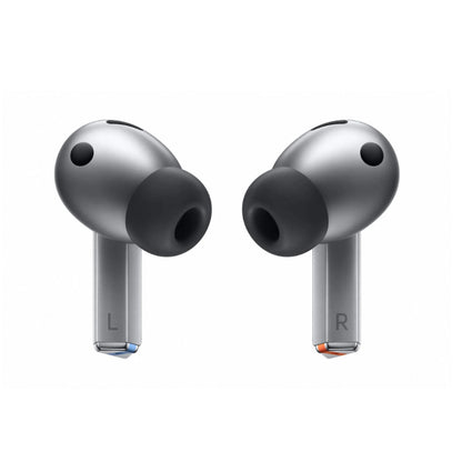 Pair of silver wireless earbuds on a white background