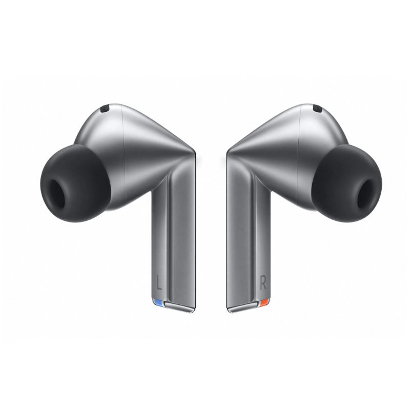 Silver wireless earbuds on a white background
