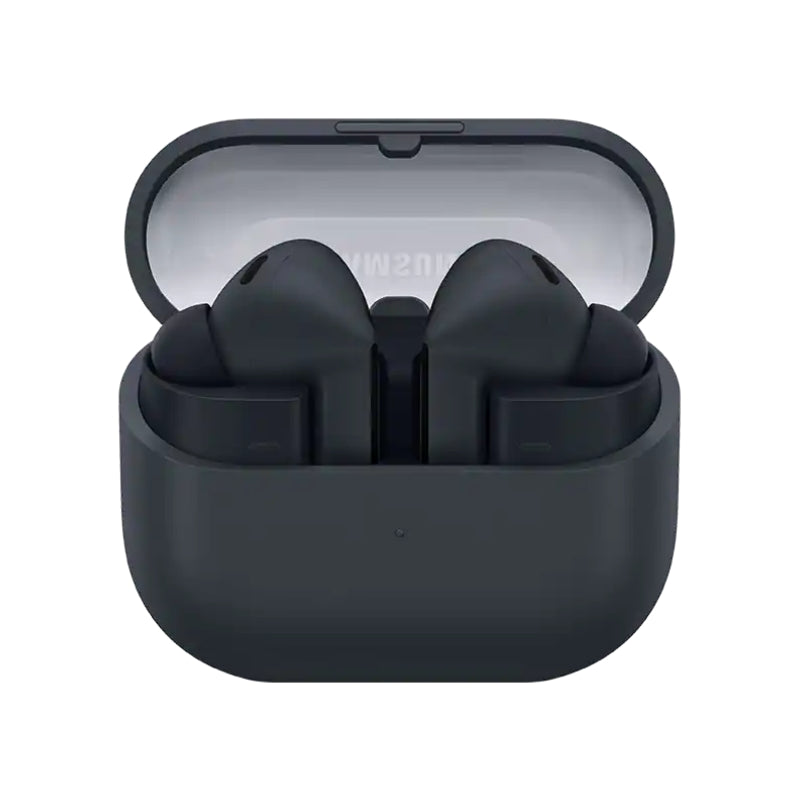 Black wireless earbuds in a open case on a white background