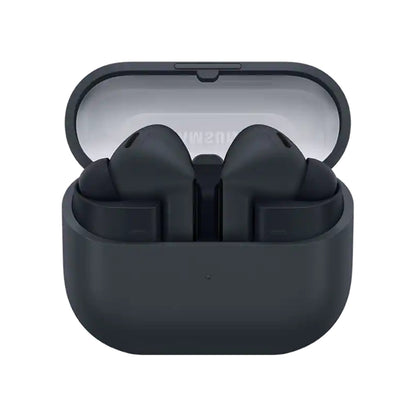 Black wireless earbuds in a open case on a white background