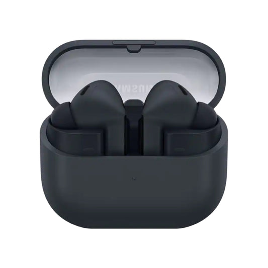 Black wireless earbuds in a open case on a white background