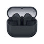 Black wireless earbuds in a open case on a white background