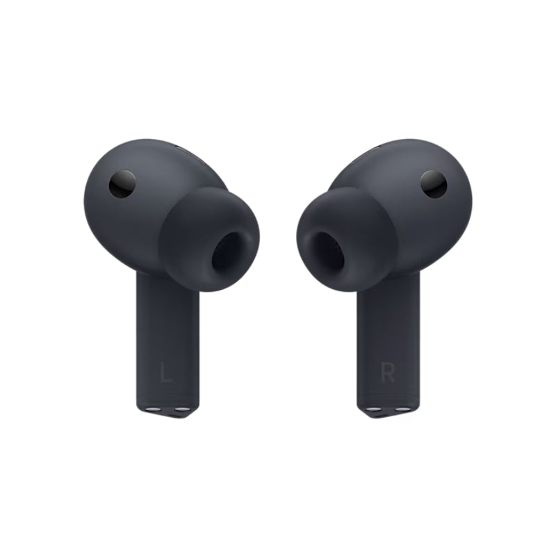 Pair of black wireless earbuds labeled 'L' and 'R' on a white background