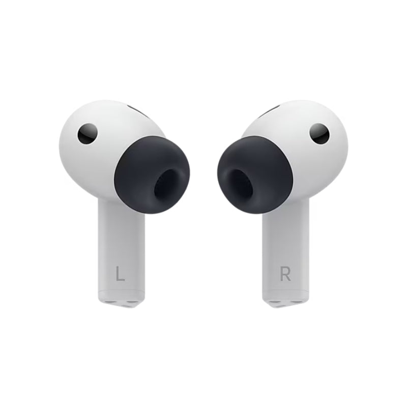 Pair of white wireless earbuds with black tips on a white background