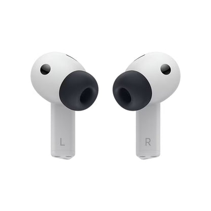Pair of white wireless earbuds with black tips on a white background