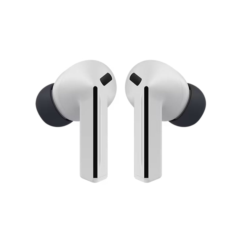 White wireless earbuds with black accents on a white background