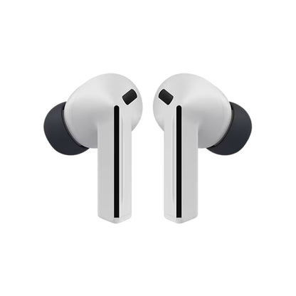 White wireless earbuds with black accents on a white background