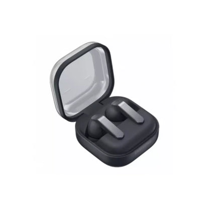 Black wireless earbuds in an open case on a white background