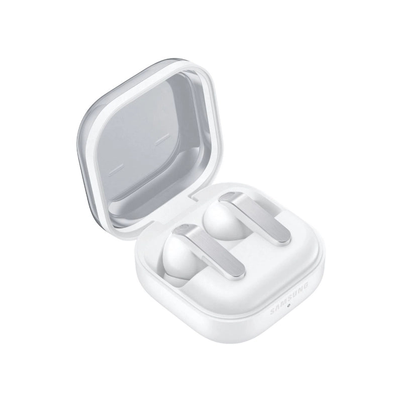 White wireless earbuds in an open charging case on a white background