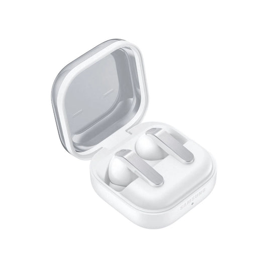 White wireless earbuds in an open charging case on a white background