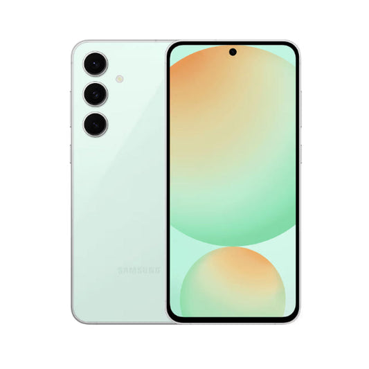 Samsung smartphone showing front and back on a white background