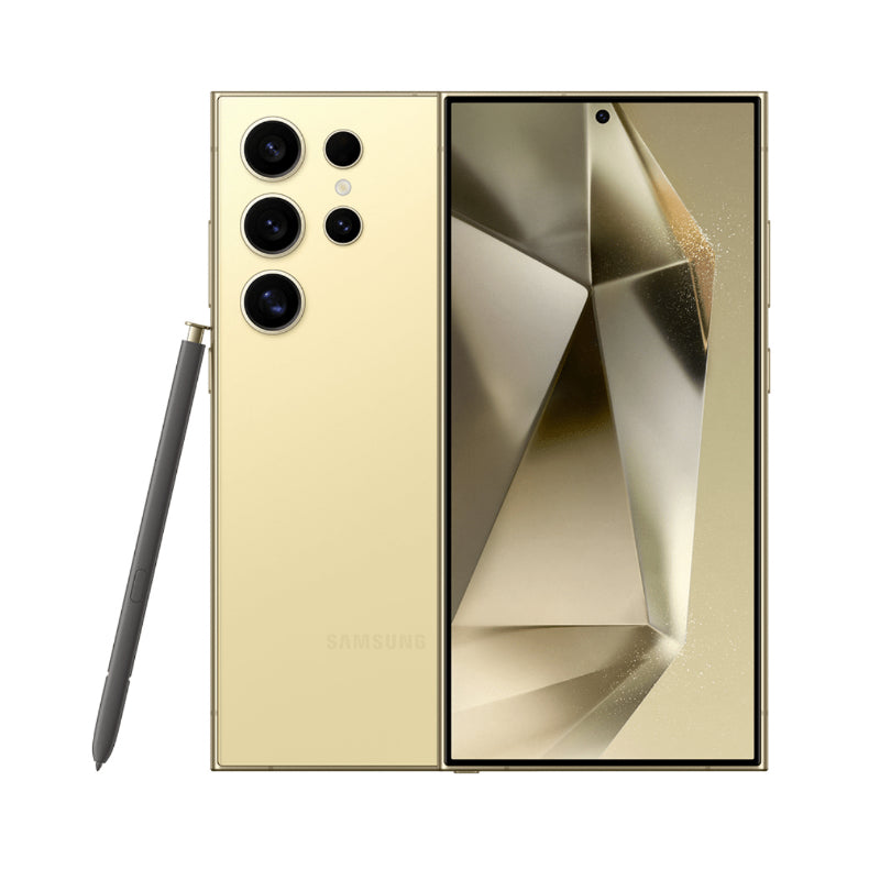 Gold Samsung smartphone with geometric design on back and stylus on white background

