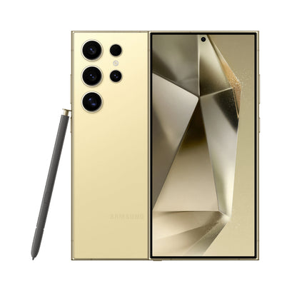 Gold Samsung smartphone with geometric design on back and stylus on white background

