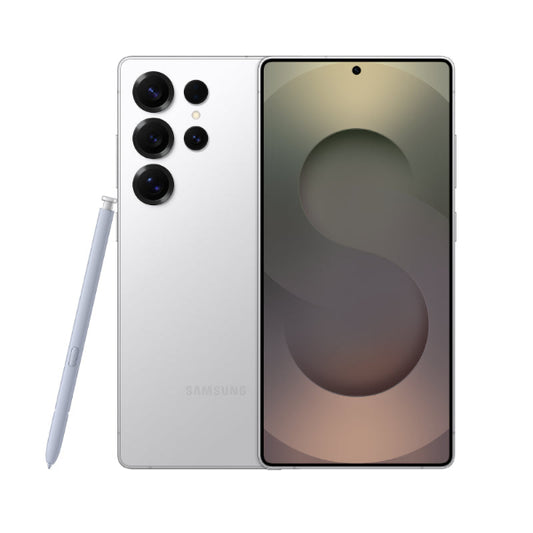 Samsung smartphone with stylus on a white background

